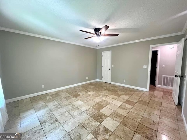 unfurnished room with a textured ceiling, baseboards, visible vents, ceiling fan, and ornamental molding