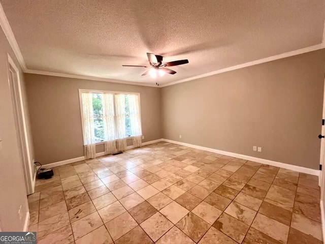 empty room with baseboards, a textured ceiling, ornamental molding, and a ceiling fan