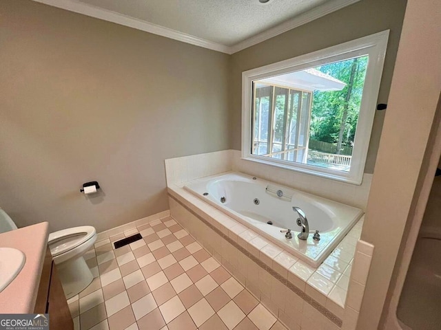 full bathroom featuring crown molding, toilet, vanity, a whirlpool tub, and a textured ceiling