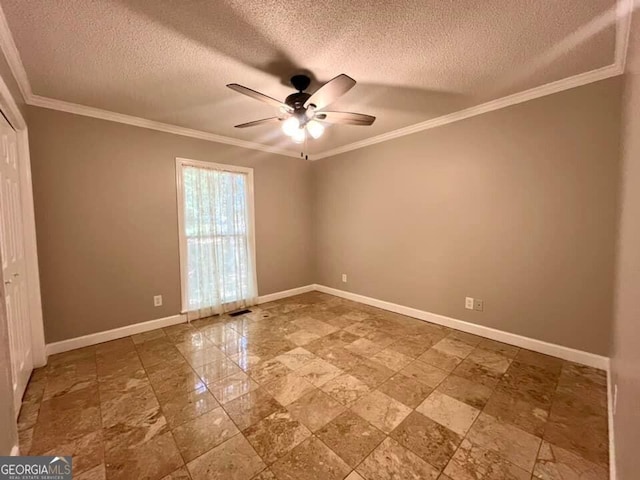 unfurnished room featuring baseboards, crown molding, ceiling fan, and a textured ceiling