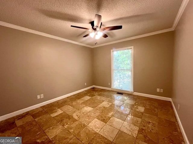 unfurnished room featuring ornamental molding, a textured ceiling, baseboards, and ceiling fan