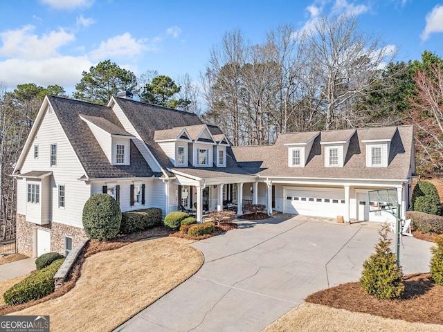 shingle-style home with a porch, an attached garage, driveway, and roof with shingles