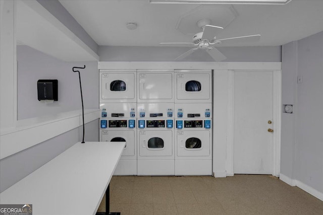 community laundry room with a ceiling fan, washing machine and clothes dryer, light floors, and stacked washing maching and dryer