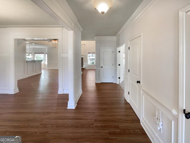 hallway featuring a decorative wall, dark wood-style floors, and ornamental molding