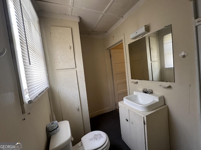 half bathroom with vanity, toilet, and a wealth of natural light