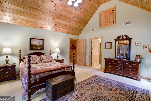 carpeted bedroom featuring wood ceiling and visible vents