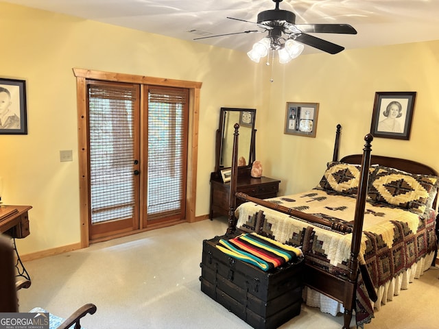 bedroom with carpet, ceiling fan, french doors, baseboards, and access to outside