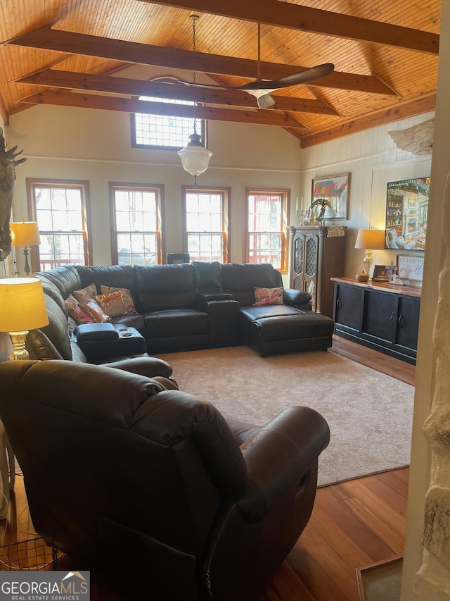 living room with wood finished floors, plenty of natural light, wood ceiling, and vaulted ceiling with beams