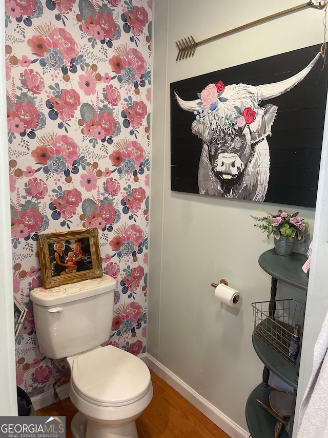 bathroom with baseboards, toilet, and wood finished floors