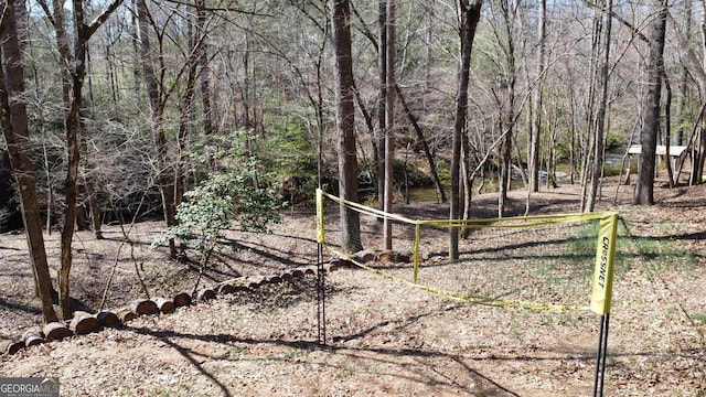 view of landscape featuring a forest view