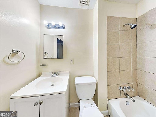 bathroom with shower / bath combination, visible vents, toilet, and vanity