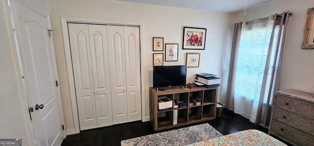 bedroom featuring a closet and dark wood-type flooring