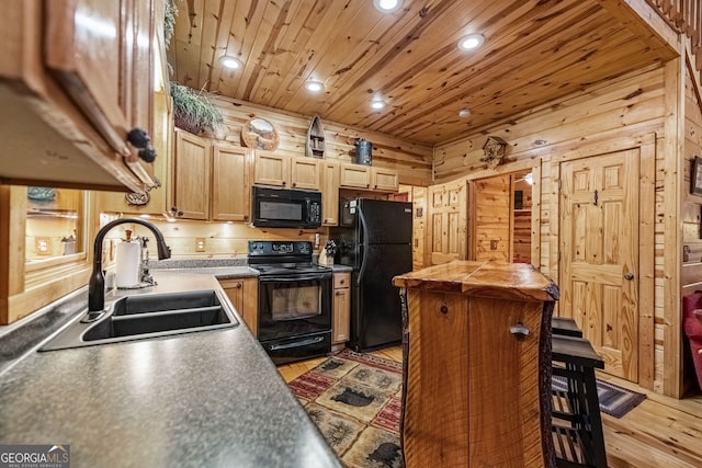 kitchen with black appliances, light wood-style flooring, a sink, recessed lighting, and wood ceiling