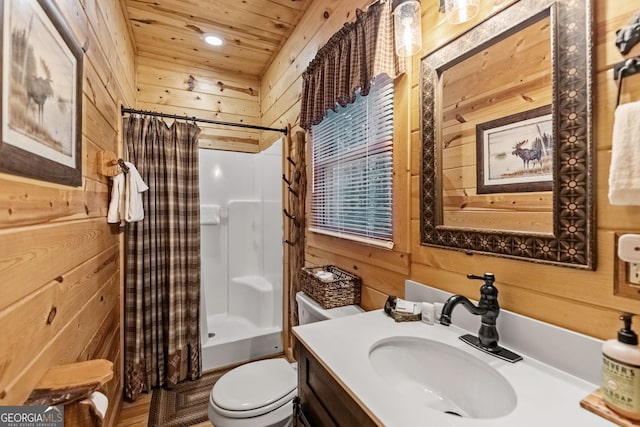 bathroom featuring shower / tub combo with curtain, toilet, wood walls, wood ceiling, and vanity