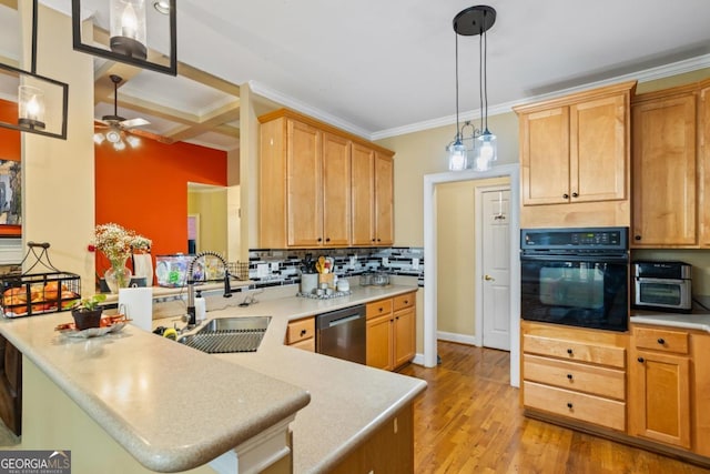 9620 Coastal Pointe Dr, Villa Rica, GA 30180 - kitchen with backsplash, oven, a peninsula, stainless steel dishwasher, and a sink