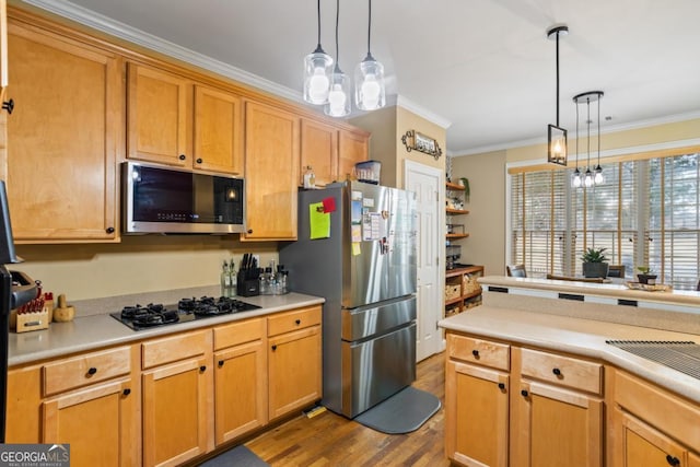 9620 Coastal Pointe Dr, Villa Rica, GA 30180 - kitchen with wood finished floors, stainless steel appliances, light countertops, and ornamental molding
