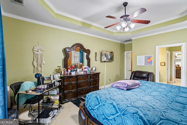 9620 Coastal Pointe Dr, Villa Rica, GA 30180 - bedroom with a tray ceiling, a ceiling fan, visible vents, and ornamental molding