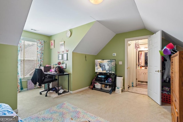 9620 Coastal Pointe Dr, Villa Rica, GA 30180 - carpeted bedroom with visible vents, ensuite bathroom, baseboards, and vaulted ceiling