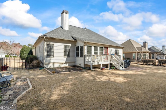 9620 Coastal Pointe Dr, Villa Rica, GA 30180 - back of property with a lawn, fence, roof with shingles, crawl space, and a chimney