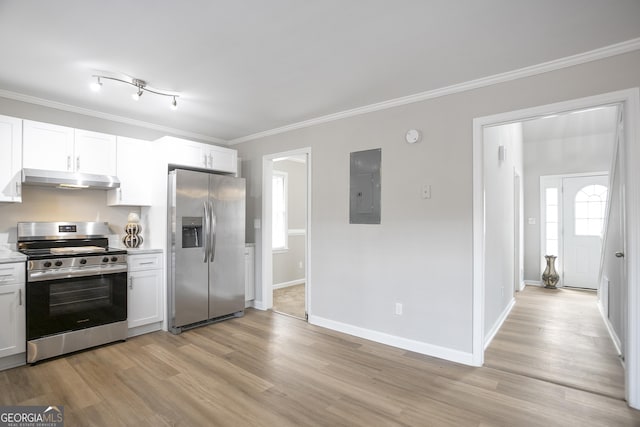 kitchen with crown molding, electric panel, under cabinet range hood, and stainless steel appliances