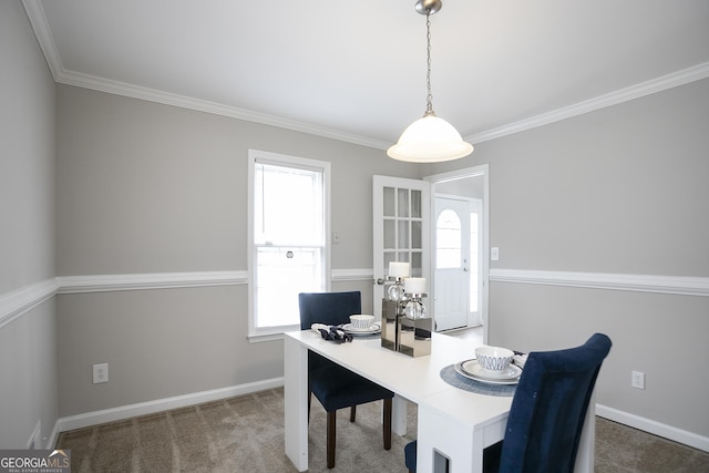 office space featuring crown molding, carpet, baseboards, and a wealth of natural light