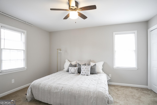 bedroom featuring baseboards, multiple windows, and carpet