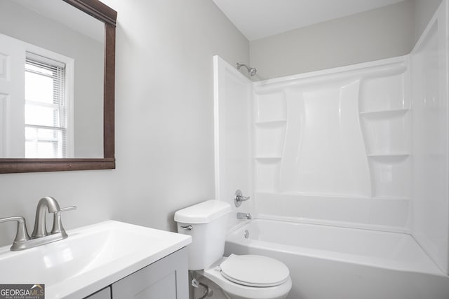 full bath with vanity, bathing tub / shower combination, and toilet