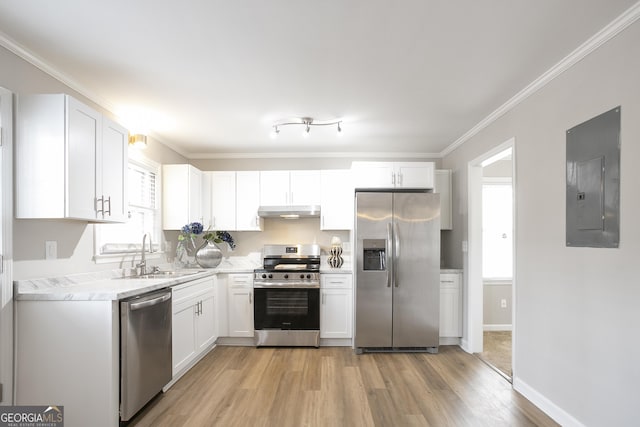 kitchen with a sink, electric panel, under cabinet range hood, appliances with stainless steel finishes, and light countertops