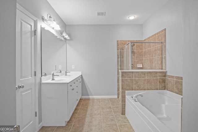 full bathroom with visible vents, double vanity, a tile shower, a bath, and tile patterned floors