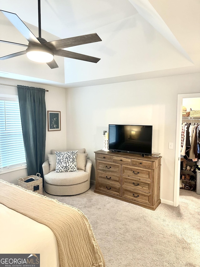 carpeted bedroom with a ceiling fan, a tray ceiling, a closet, baseboards, and a spacious closet