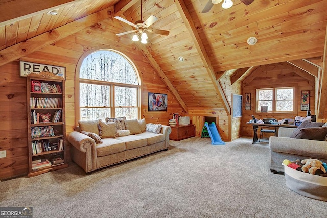 unfurnished living room featuring lofted ceiling with beams, wooden walls, wood ceiling, and a ceiling fan