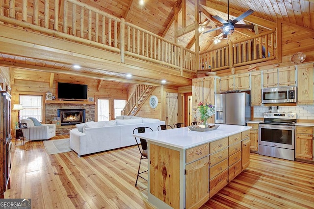 kitchen with wood ceiling, wooden walls, a breakfast bar area, and stainless steel appliances