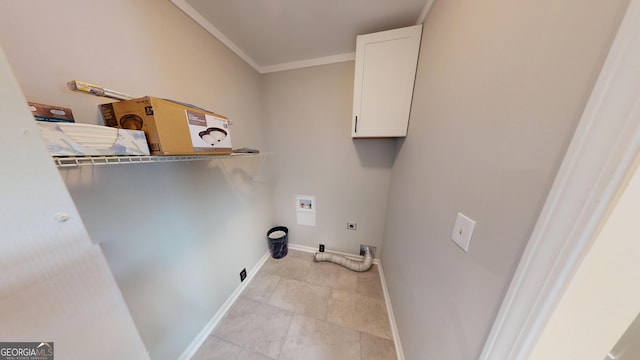 laundry room with baseboards, ornamental molding, laundry area, hookup for a washing machine, and electric dryer hookup