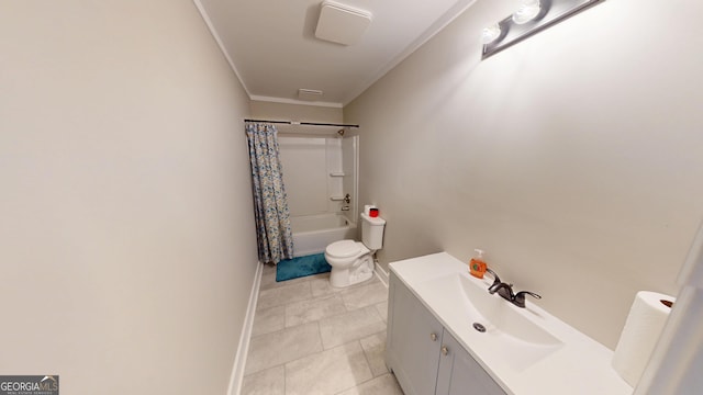 full bathroom featuring crown molding, toilet, shower / bath combo with shower curtain, tile patterned floors, and vanity