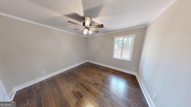 unfurnished room featuring ornamental molding, dark wood-style floors, baseboards, and ceiling fan