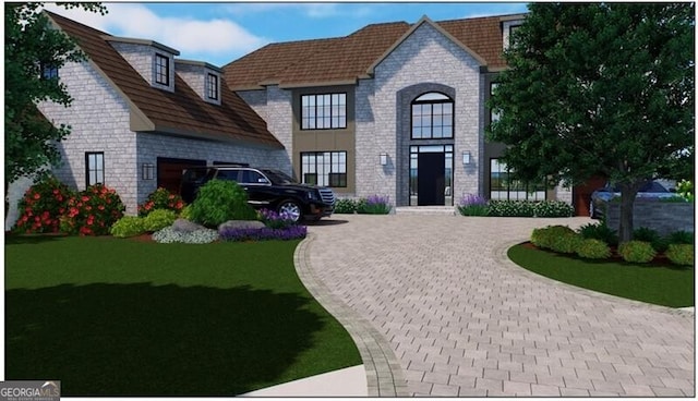 1146 Brookhaven Walk Way, Brookhaven, GA 30319 - french provincial home featuring curved driveway, stone siding, and a front lawn