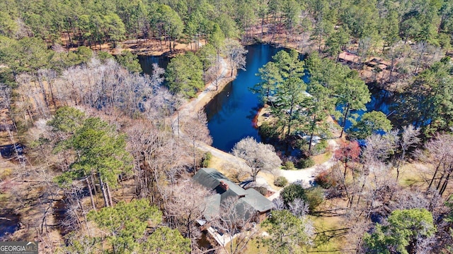 aerial view featuring a water view and a view of trees