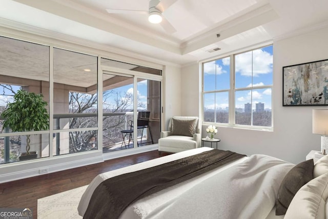 bedroom featuring a tray ceiling, multiple windows, and visible vents