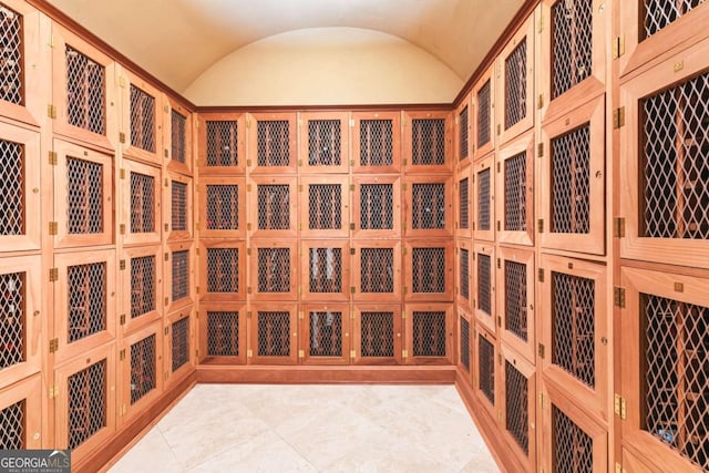 wine area with lofted ceiling