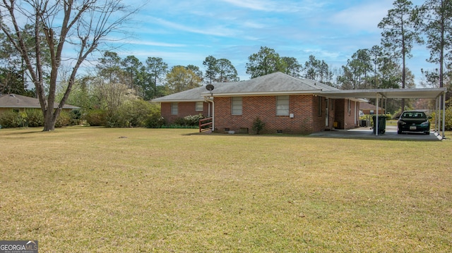 view of property exterior featuring a yard, a carport, and brick siding