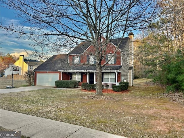 2703 Regal Cir, Conyers, GA 30012 - traditional-style home with a porch, a garage, driveway, a front yard, and a chimney