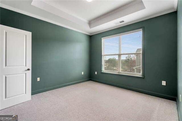 spare room with a raised ceiling, carpet flooring, crown molding, and baseboards