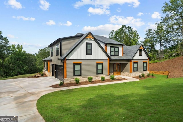 303 Tumbling Shoals Ct, Gray, GA 31032 - modern farmhouse featuring driveway, a front lawn, stone siding, a garage, and board and batten siding