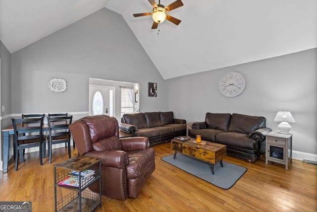 22 Valley Creek Dr SW, Cartersville, GA 30120 - living room with high vaulted ceiling, baseboards, a ceiling fan, and wood finished floors