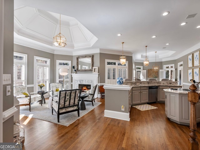 kitchen featuring dark wood-type flooring, crown molding, a sink, and a premium fireplace