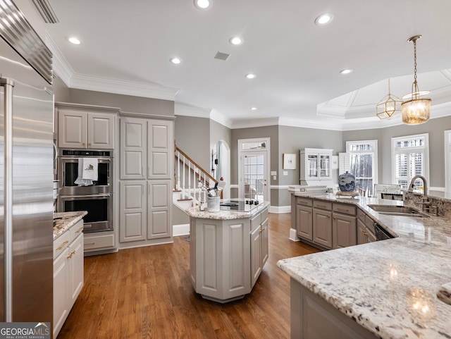 kitchen featuring a large island, stainless steel appliances, gray cabinets, and a wealth of natural light