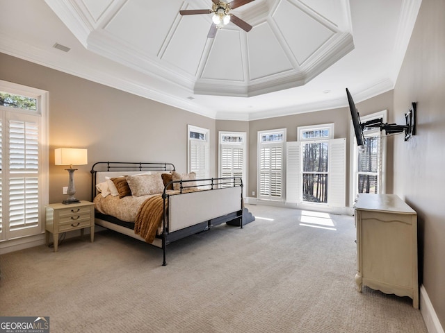 bedroom with baseboards, visible vents, crown molding, and light carpet