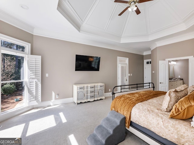 carpeted bedroom with baseboards, high vaulted ceiling, crown molding, and ceiling fan