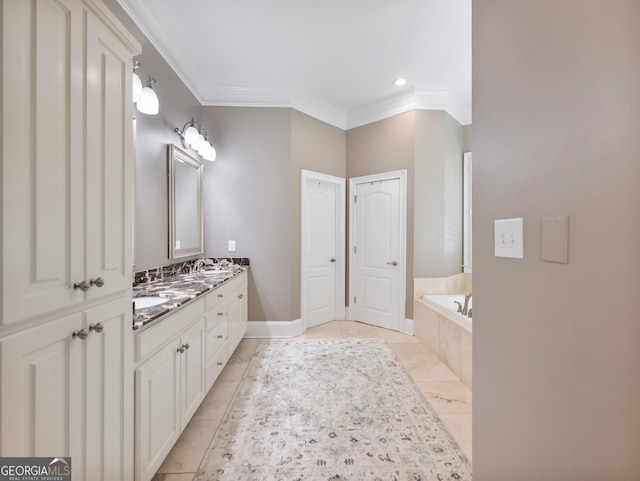 full bathroom with crown molding, baseboards, a sink, double vanity, and a bath
