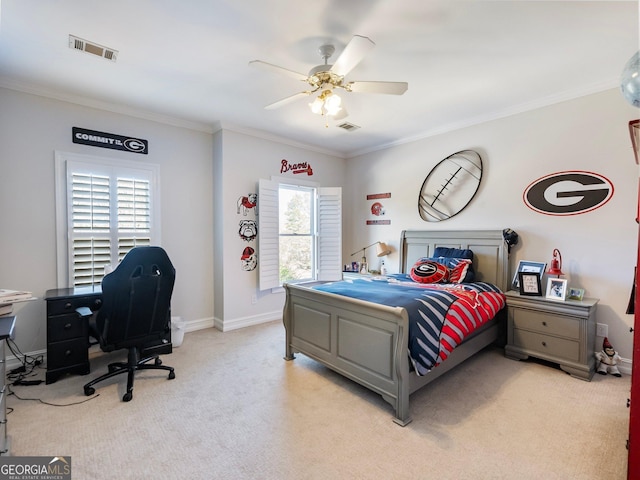 bedroom featuring ornamental molding, baseboards, light colored carpet, and visible vents